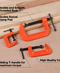 Heavy Duty Malleable Iron C Clamp Set Three Piece With 1 Inch 2 Inch And 3 Inch Jaw Openings Built For Woodworking Metalworking And Quick Home Repairs That Just Works, shown on wood surface.