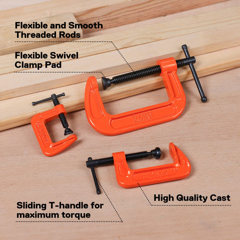 Heavy Duty Malleable Iron C Clamp Set Three Piece With 1 Inch 2 Inch And 3 Inch Jaw Openings Built For Woodworking Metalworking And Quick Home Repairs That Just Works, shown on wood surface.