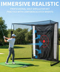 Golfer using Golf Net And Impact Screen Enclosure For Home Simulator, 11x8 Ft Hitting Cage With Blank Simulator Screen outside