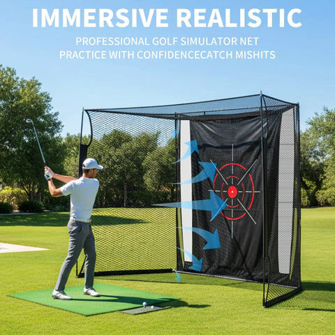 Golfer using Golf Net And Impact Screen Enclosure For Home Simulator, 11x8 Ft Hitting Cage With Blank Simulator Screen outside