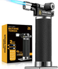 Dual Flame Butane Torch Lighter For Cooking And Soldering Refillable Kitchen Torch with ergonomic grip next to packaging