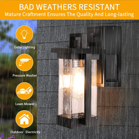 Dusk To Dawn Outdoor Light With GFCI Outlet Bubble Glass Exterior Wall Mount Fixture on stone wall in rain