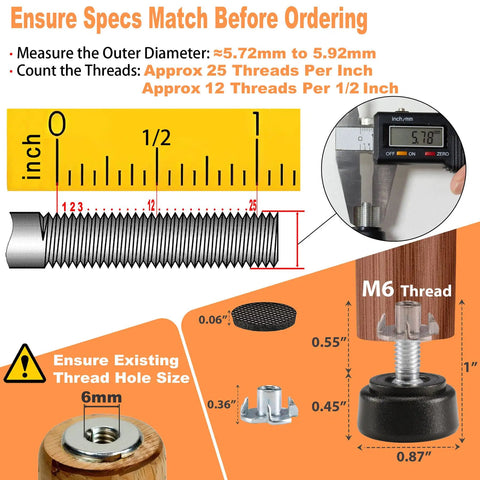 Measurement guide for Sixteen Piece Set M6 Thread Adjustable Furniture Levelers With Swivel Screw In Threads.