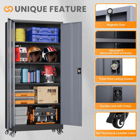 Heavy Duty Rolling Metal Garage Cabinet With Lock, Tall Tool Cabinet On Wheels, 2 Doors And 4 Shelves, Built To Last For Workshop, Garage Or Home Office, Sturdy Black Gray 75 Inch Height, open view with contents.