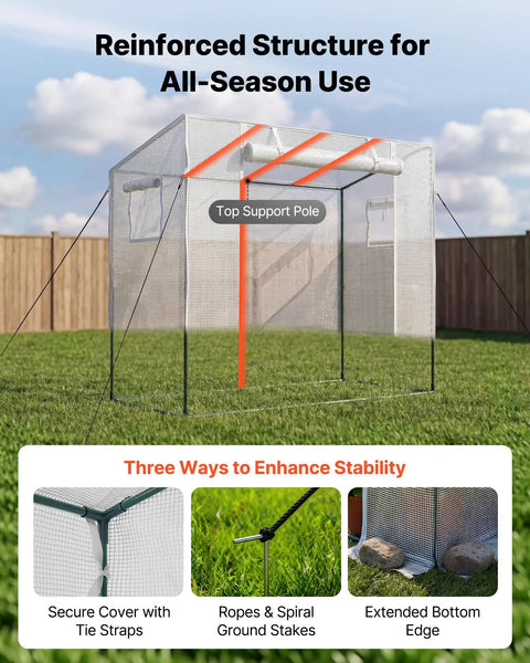 Walk In Greenhouse For Outdoors With Windows PE Cover Roll Up Zipper Door 76.8 Inches Long 30.3 Inches Wide 66.1 Inches High Portable Backyard Garden House Kit with reinforced structure and stability enhancements.