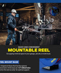 Retractable Welding Hose Reel With Twin Oxygen And Acetylene Rubber Hoses Heavy Duty Steel Arm Three Hundred PSI Rating in workshop