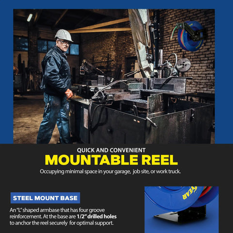 Retractable Welding Hose Reel With Twin Oxygen And Acetylene Rubber Hoses Heavy Duty Steel Arm Three Hundred PSI Rating in workshop
