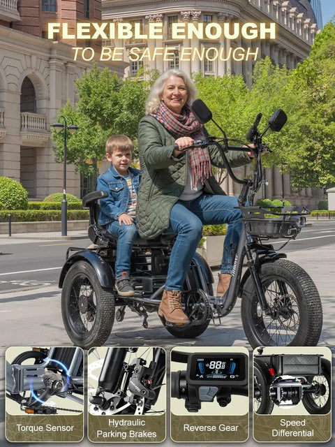 Foldable Electric Tricycle For Adults, Etrike With Passenger Seat And Backrest, 1200W Motor, 20 MPH Top Speed, 100 Mile Range, Fat Tire Three Wheel E Bike, Includes Reverse, Parking, Differential, Gray, rider with child