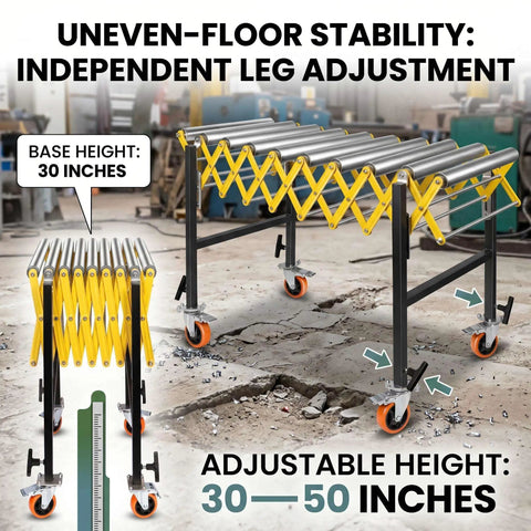 Heavy Duty Table Saw Outfeed Roller Conveyor Table With Adjustable Height Range From 30 To 50 Inches and lockable casters for material handling.
