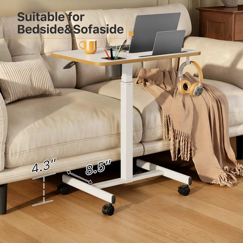 Mobile Standing Desk On Wheels For Home Office Adjustable Height Rolling Laptop Cart With Cup Holder beside couch