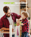 Father and son assembling furniture using cordless impact driver kit in a workshop setting
