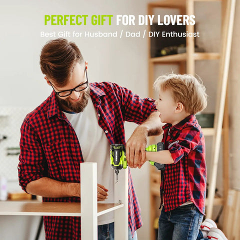 Father and son assembling furniture using cordless impact driver kit in a workshop setting
