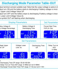 Discharging mode parameter display showing battery voltage, percentage, time settings for Heavy-Duty Badass Low Voltage Disconnect Switch.