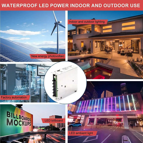 Rock Solid 24V Switching Power Supply 36W 1.5A Single Output With Hella Compact 30Mm Low Profile Design For 3D Printers Led Strip Lights Cctv And Automation Gear in showcased settings, featuring indoor and outdoor lighting.