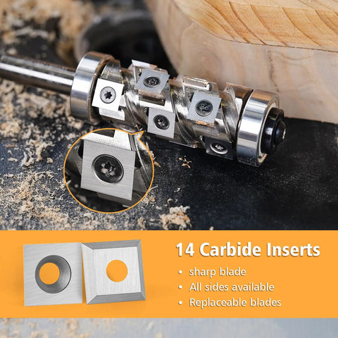 Built Tough Flush Trim Router Bit With Half Inch Shank Packing 14 Swap Out Carbide Cutters for detailed view of 14 replaceable carbide inserts.