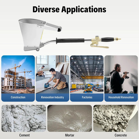 Heavy Duty Pneumatic Cement Spray Gun For Walls features four precision nozzles, shown with diverse applications in construction and renovation.