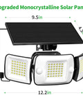 Beefy 1200 Lumen Solar Flood Light Outdoor Waterproof With Dual Motion Sensor showing adjustable heads and solar panel dimensions