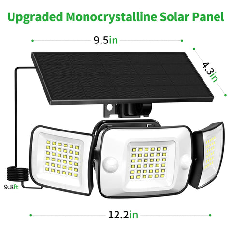 Beefy 1200 Lumen Solar Flood Light Outdoor Waterproof With Dual Motion Sensor showing adjustable heads and solar panel dimensions