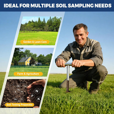 Man using a 12 Inch Stainless Steel Soil Core Sampler Probe With T Handle Pro Grade Heavy Duty Garden And Farm Soil Testing Tool