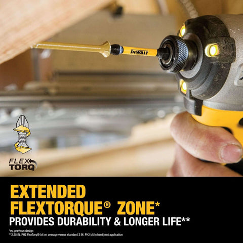 DEWALT screwdriver bit installed in an impact driver chuck; yellow and black drill with a gold hex bit (side view)