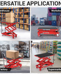 EliteEdge Hydraulic Lift Table Cart With 330 Lbs Load Capacity And 50 Inch Max Height Featuring Double Scissor Design in warehouse, workshop, factory, supermarket.