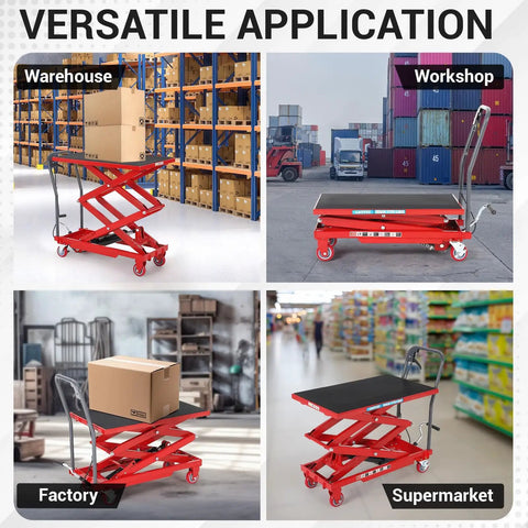 EliteEdge Hydraulic Lift Table Cart With 330 Lbs Load Capacity And 50 Inch Max Height Featuring Double Scissor Design in warehouse, workshop, factory, supermarket.
