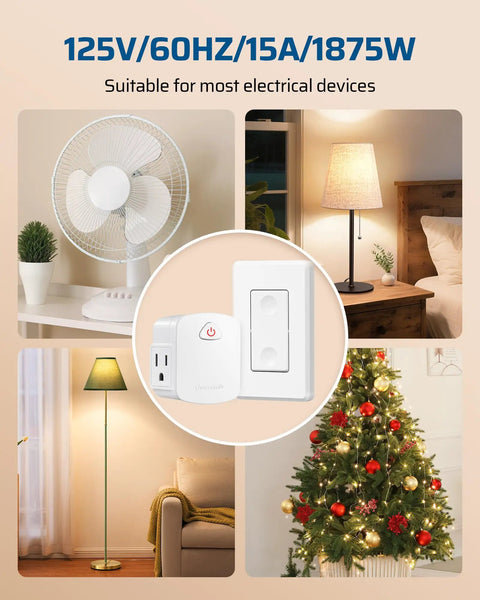 Wireless Wall Switch Remote Outlet For Lamps And Fans, 15A 1875W, No Wiring Needed, 100 Ft RF Range shown with appliances