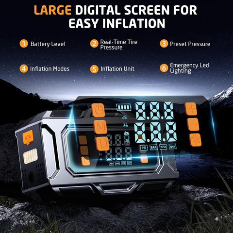 Large digital display of Badass 8000A Jump Starter With Portable Car Battery Rescue And 180 PSI Auto Shutoff Tire Inflator.