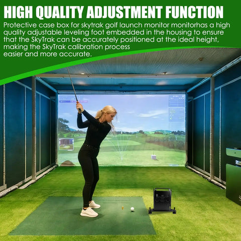 Golfer swinging with Rugged Metal Protective Case With Handle For Golf Launch Monitor First Gen Model next to mat