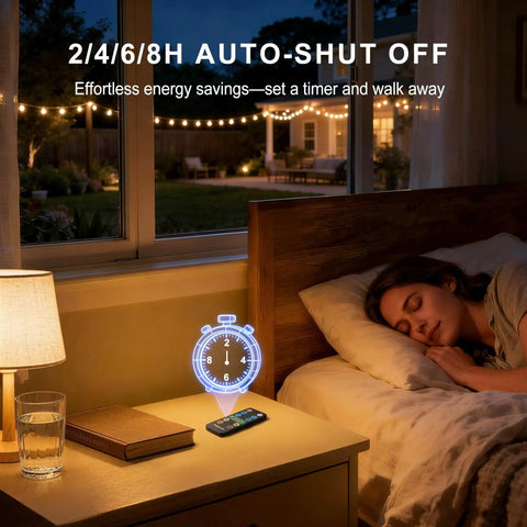Woman sleeping with Outdoor String Light Dimmer 350W Plug In With Remote Control And Timer IP65 Waterproof LED Dimmer Switch nearby.