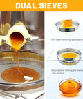 Pro Grade Stainless Steel Honey Strainer With Dual Sieves For Beekeeping And Honey Extraction showing honey filtering sequence