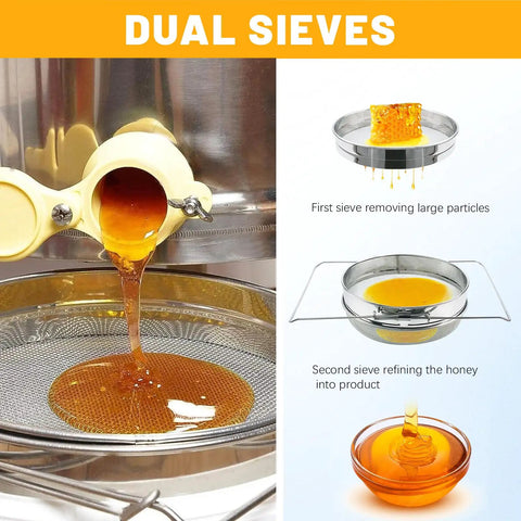 Pro Grade Stainless Steel Honey Strainer With Dual Sieves For Beekeeping And Honey Extraction showing honey filtering sequence