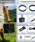 Portable Misting System With 5000mAh Rechargeable Pump, 20L Water Bucket, 9.8Ft Hose And 8.2Ft Cobra Mist Stand components shown