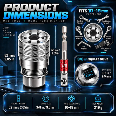 2 Pack Self Adjusting Socket Wrench Set dimensions showing 3/8 drive, fits 10-19mm fasteners, socket height 52mm.