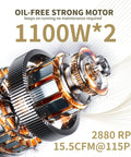 Top Notch 13 Point 2 Gallon Air Compressor Featuring Dead Silent Oil Free Pump And Heavy Duty Steel Tank Delivering Rock Solid 115 PSI close-up of oil-free motor with copper windings and durable materials.