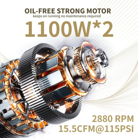 Top Notch 13 Point 2 Gallon Air Compressor Featuring Dead Silent Oil Free Pump And Heavy Duty Steel Tank Delivering Rock Solid 115 PSI close-up of oil-free motor with copper windings and durable materials.