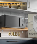 White L Brackets For Wood Furniture 4 Pack Heavy Duty Corner Supports Stainless Steel Shelf Connectors installed, holding 40 lbs microwave.