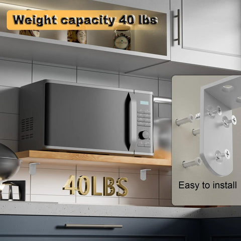 White L Brackets For Wood Furniture 4 Pack Heavy Duty Corner Supports Stainless Steel Shelf Connectors installed, holding 40 lbs microwave.