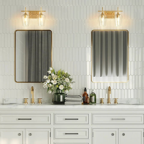 Two Light Brushed Gold Vanity Light With Clear Glass Shades For Bathroom Over Mirror Modern Wall Sconce Sleek Industrial Style