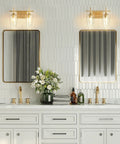 Two Light Brushed Gold Vanity Light With Clear Glass Shades For Bathroom Over Mirror Modern Wall Sconce Sleek Industrial Style