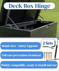 Two Pack Deck Box Hydraulic Hinge Replacement Kit Compatible With Most Deck Box Models For Outdoor Storage Box Lids, shown installed on deck box with features highlighted.