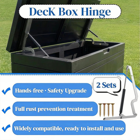 Two Pack Deck Box Hydraulic Hinge Replacement Kit Compatible With Most Deck Box Models For Outdoor Storage Box Lids, shown installed on deck box with features highlighted.