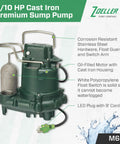 M63 Automatic Submersible Sump Pump With 3/10 HP Cast Iron Housing LED Power Plug High Flow Vortex Impeller Stainless Steel Hardware Factory Tested Float Operated Heavy Duty Basement Saver 115V.