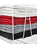 8 Pack White Wire Shelf Dividers For Closets On 12 Inch Shelves holding folded clothes, showing easy organization and separation.