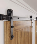 Black Rustic Non Bypass Sliding Barn Door Hardware Kit For Double Doors 7.5 Ft Flat Track With Straight Rollers installed view