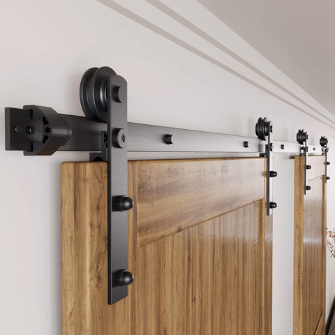 Black Rustic Non Bypass Sliding Barn Door Hardware Kit For Double Doors 7.5 Ft Flat Track With Straight Rollers installed view