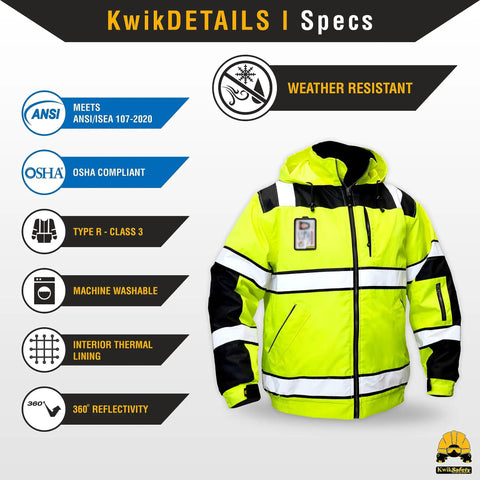 Enforcer Bomber High Vis Safety Jacket With Detachable ID Pocket For Men Class 3 ANSI OSHA Compliant Reflective Hoodie Yellow Workwear