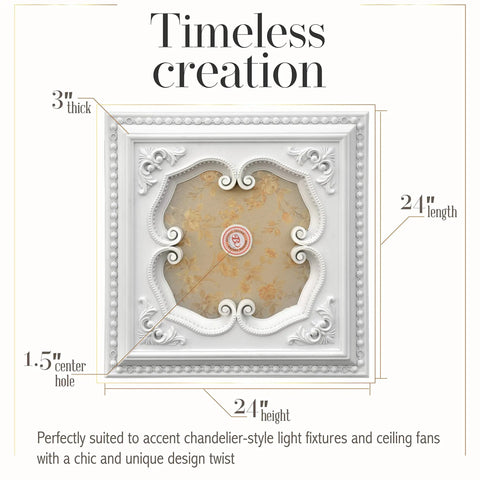 Four Leaf Clover Square Chandelier Medallion For Ceiling Lights And Fans 24 Inches White And Gold Adds Old World Elegance
