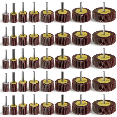 40 Pack 80 Grit Aluminum Oxide Flap Wheels Set For Drill With One Quarter Inch Shank Cylindrical Sanding Wheels arranged by size