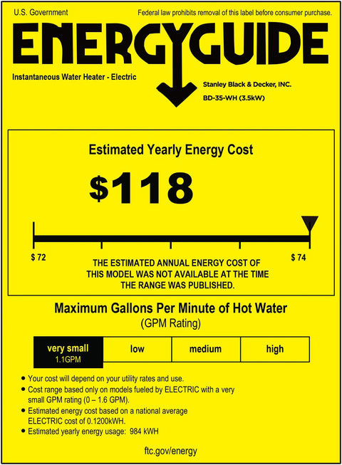 Energy guide label for Hot Water On Demand Tankless Electric Water Heater For One Sink 3.5 kW 120 V 0.5 GPM.